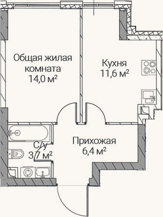 Планировка: 1-к, 35,7 м²