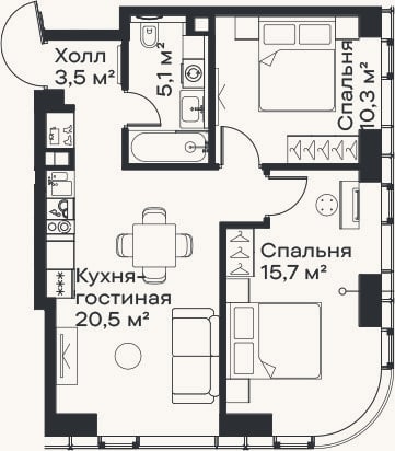 Планировка: 3-к, 55,1 м²
