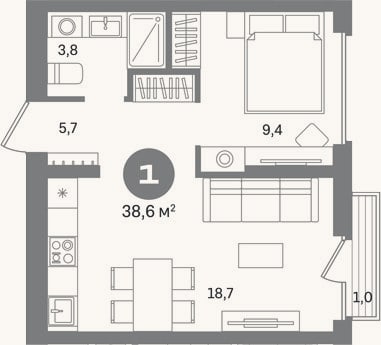 Планировка: 1-к, 37,6 м²