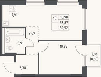 Планировка: 2-к, 38,9 м²