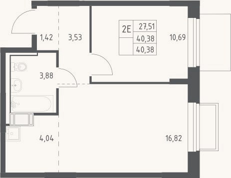 Планировка: 2-к, 40,4 м²