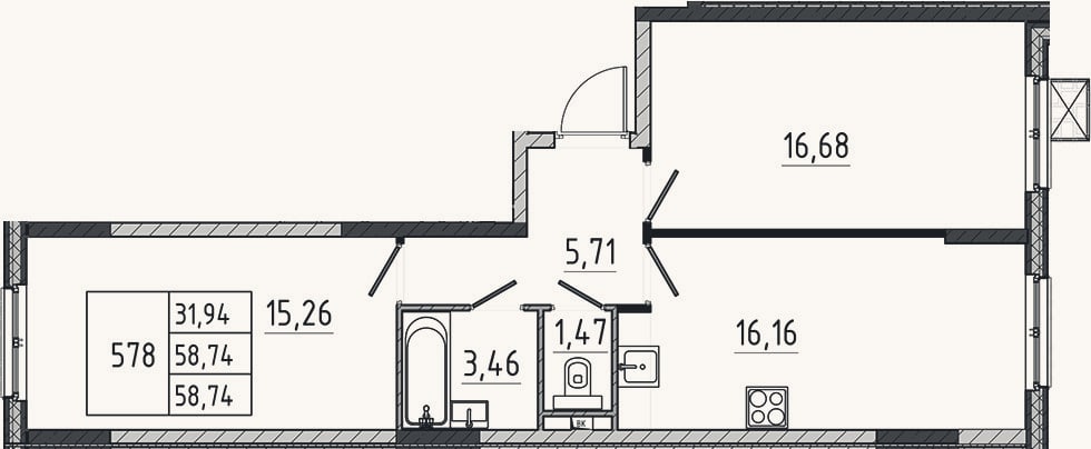 Планировка: 3-к, 58,7 м²