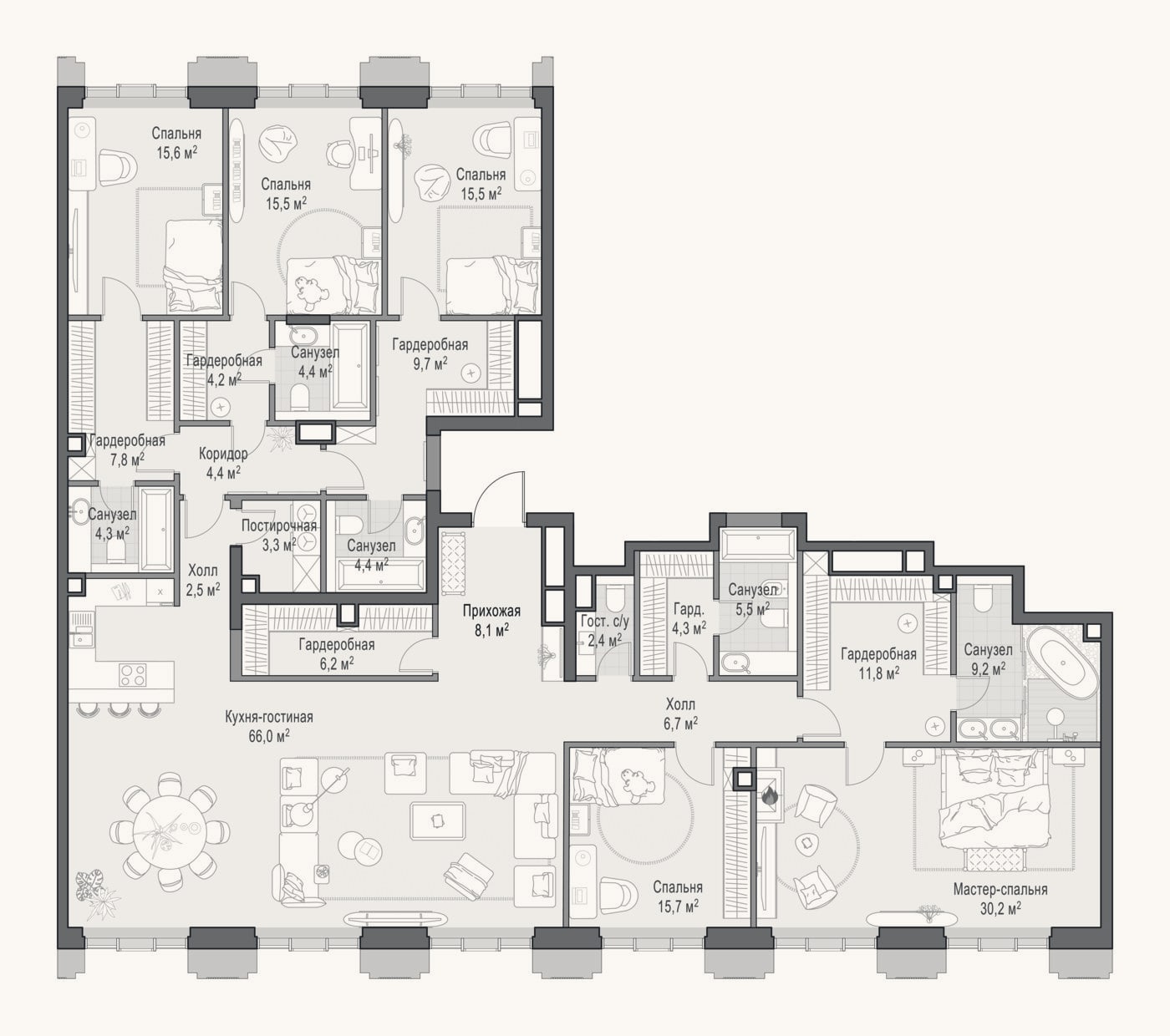 Планировка: 4+ к, 255,8 м²