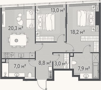 Планировка: 3-к, 78,2 м²