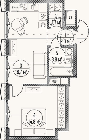Планировка: 2-к, 39,3 м²
