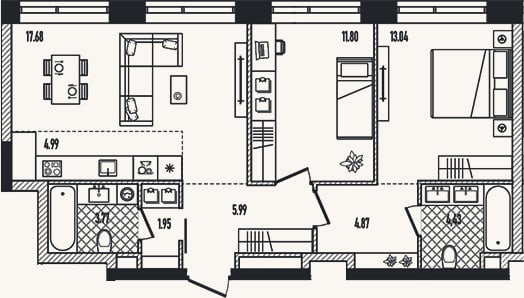 Планировка: 3-к, 68,3 м²