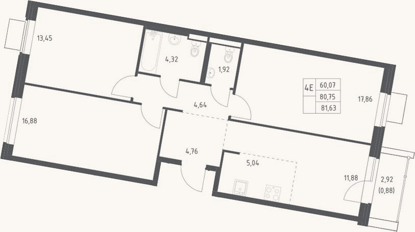 Планировка: 4+ к, 80,8 м²