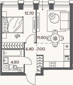 Планировка: 2-к, 40,5 м²