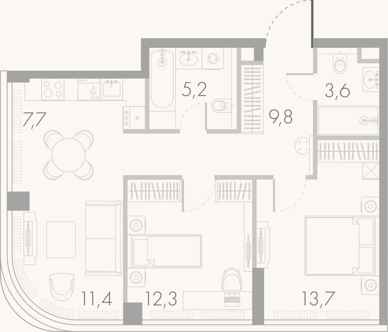 Планировка: 3-к, 63,7 м²