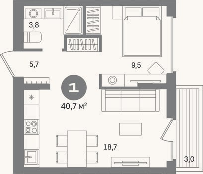 Планировка: 1-к, 37,7 м²