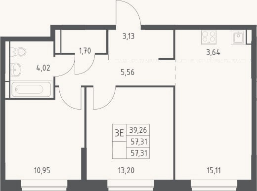 Планировка: 3-к, 57,3 м²