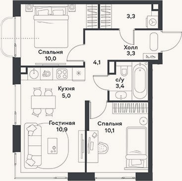 Планировка: 3-к, 50,1 м²