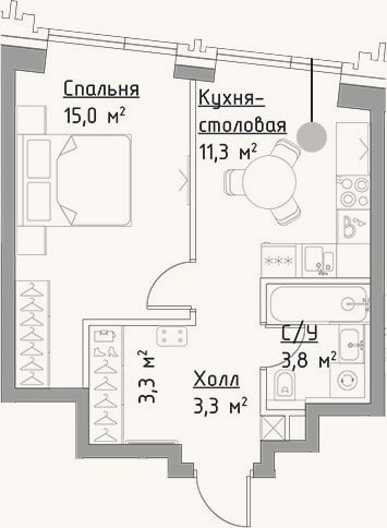 Планировка: 1-к, 36,7 м²