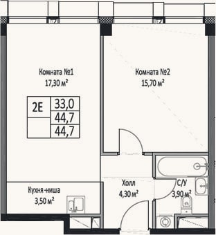Планировка: 2-к, 44,7 м²