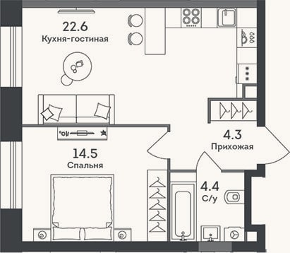 Планировка: 2-к, 45,8 м²