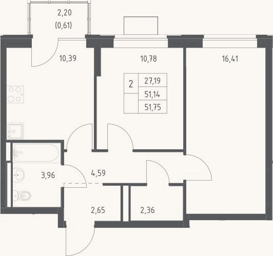 Планировка: 2-к, 51,1 м²