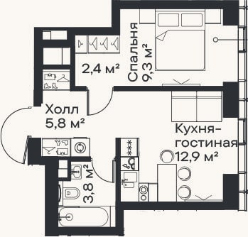 Планировка: 2-к, 34,2 м²