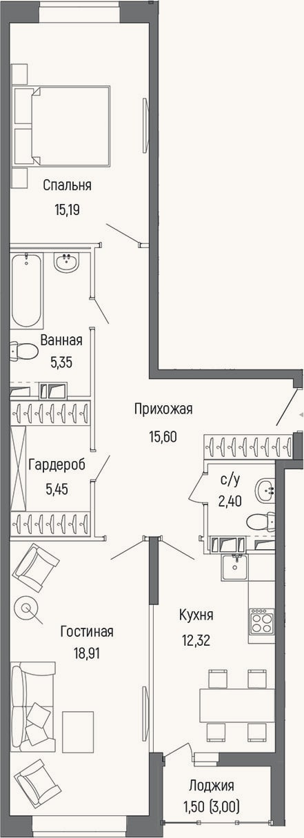 Планировка: 2-к, 74 м²