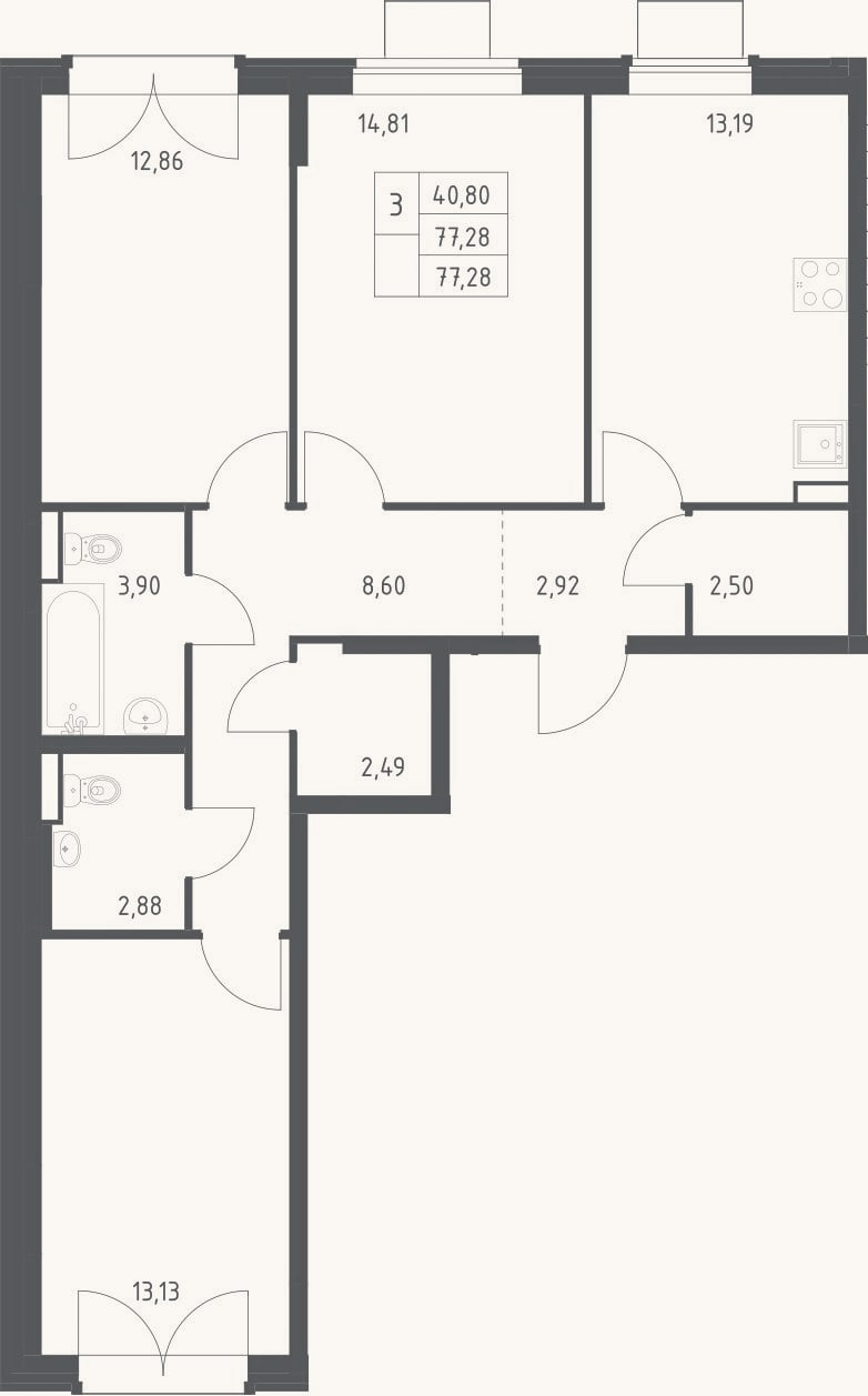 Планировка: 3-к, 77,3 м²