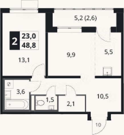 Планировка: 2-к, 46,2 м²