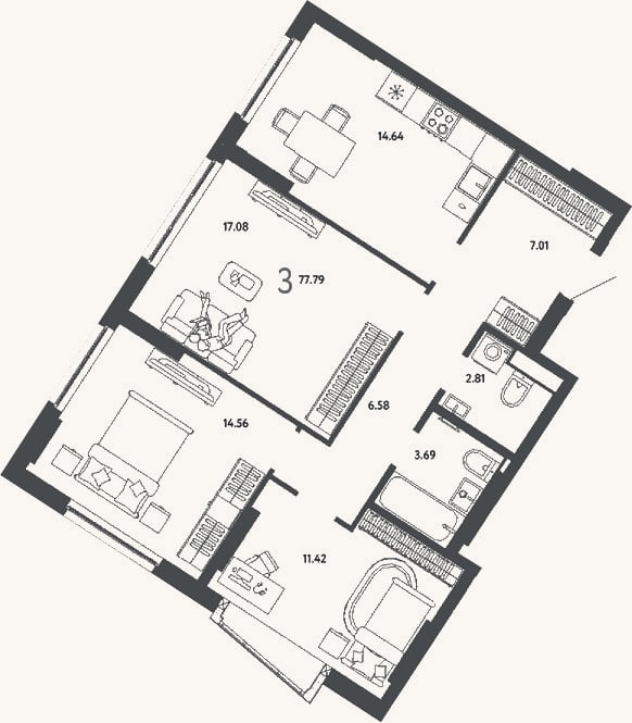 Планировка: 3-к, 77,8 м²