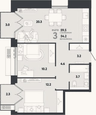 Планировка: 3-к, 54,2 м²