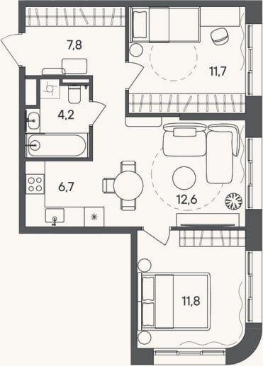 Планировка: 3-к, 54,8 м²
