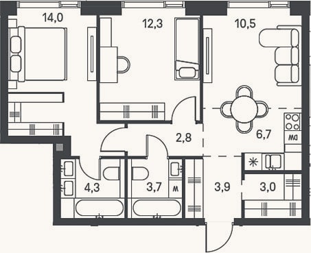 Планировка: 3-к, 61,2 м²