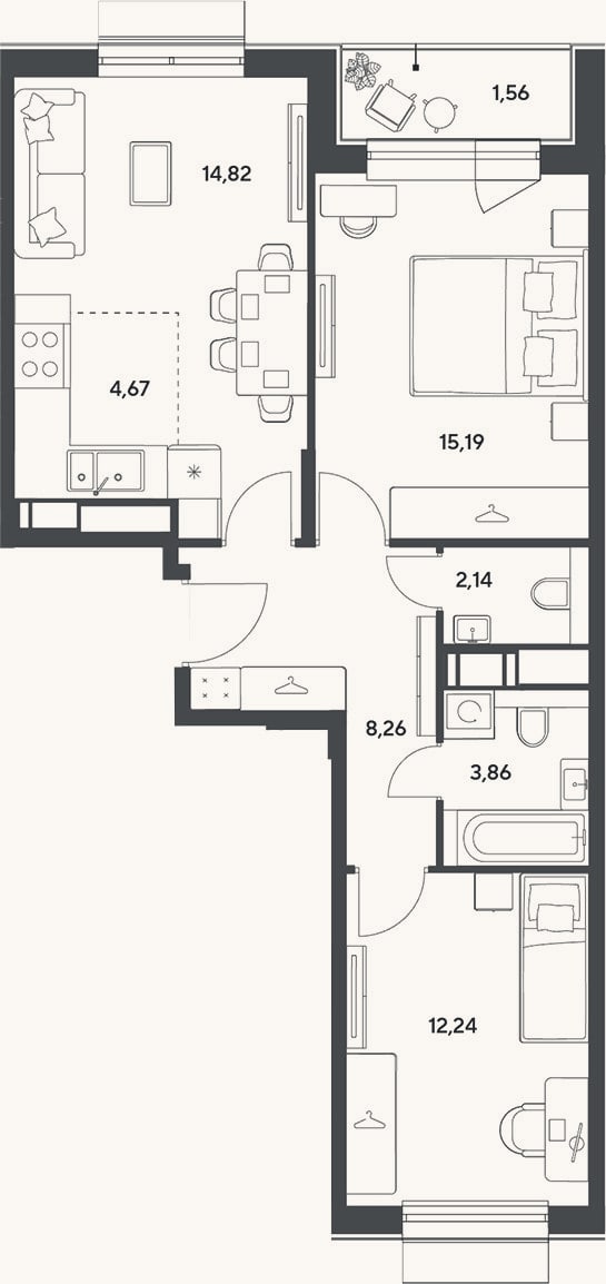 Планировка: 3-к, 61,2 м²