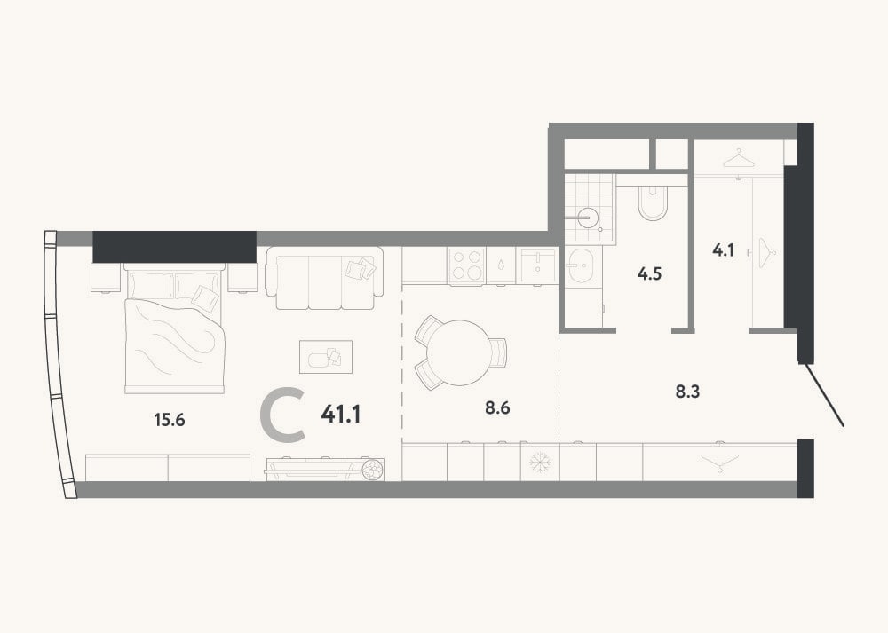 Планировка: Студия, 41,1 м²