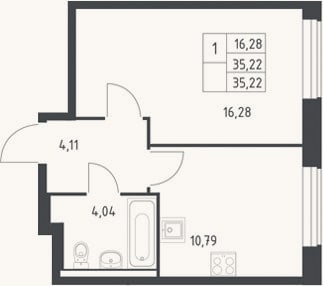 Планировка: 1-к, 35,2 м²