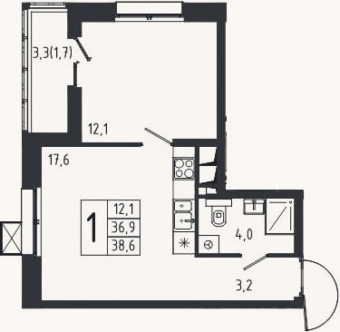 Планировка: 1-к, 36,9 м²