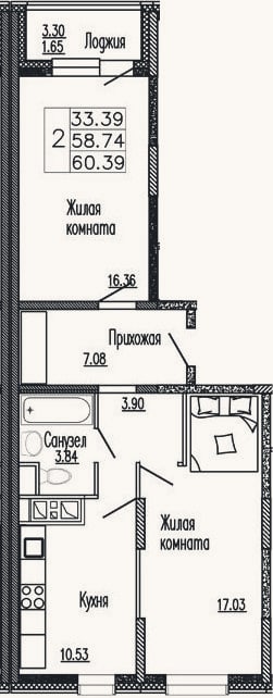 Планировка: 2-к, 60,3 м²