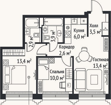 Планировка: 3-к, 55,7 м²