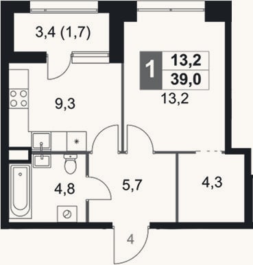 Планировка: 1-к, 37,3 м²