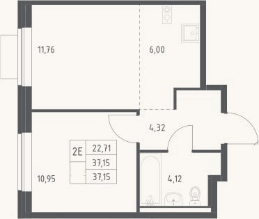 Планировка: 2-к, 37,2 м²