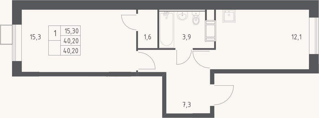 Планировка: 1-к, 40,2 м²