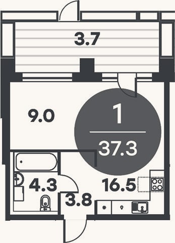 Планировка: 1-к, 36,5 м²