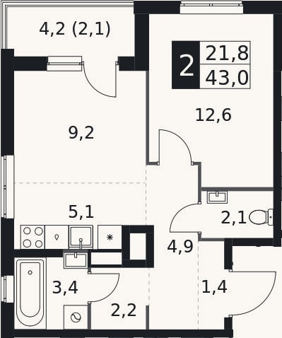 Планировка: 2-к, 40,9 м²
