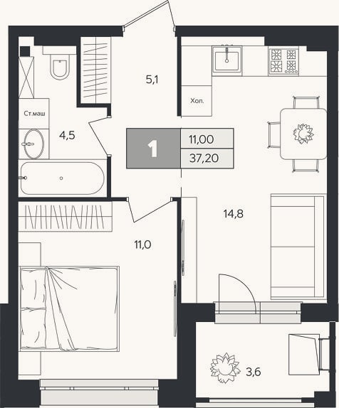 Планировка: 1-к, 35,4 м²
