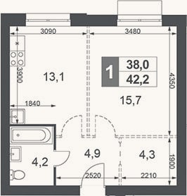 Планировка: 1-к, 42,2 м²