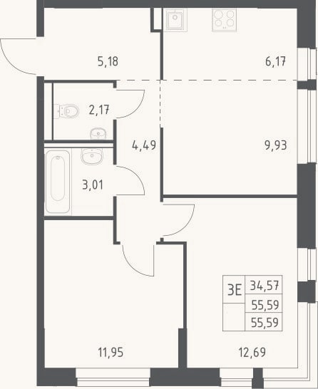 Планировка: 3-к, 55,6 м²