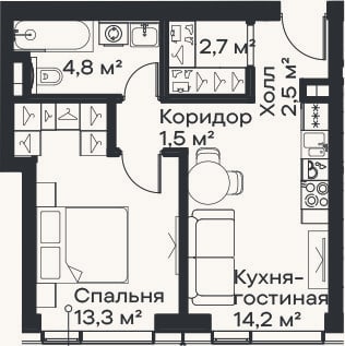 Планировка: 2-к, 39 м²