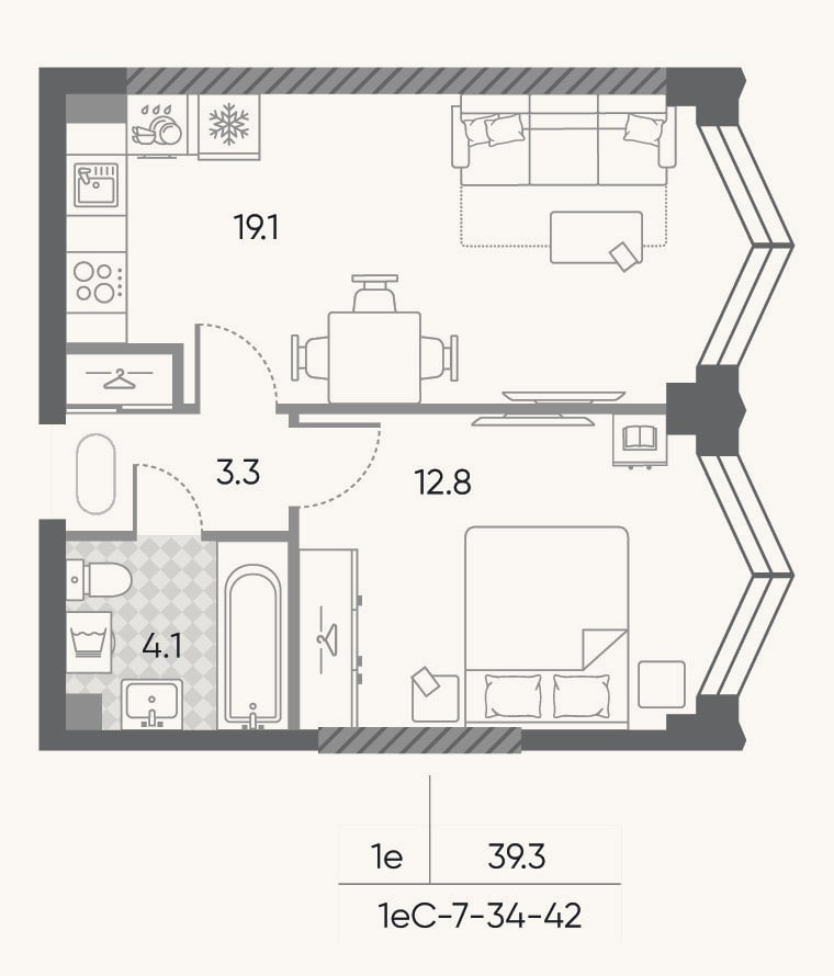 Планировка: 2-к, 39,3 м²