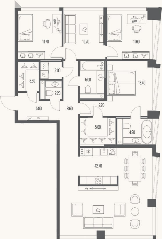 Планировка: 3-к, 129,9 м²