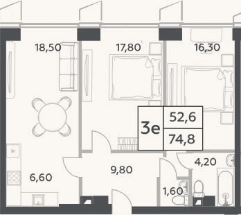 Планировка: 3-к, 74,8 м²