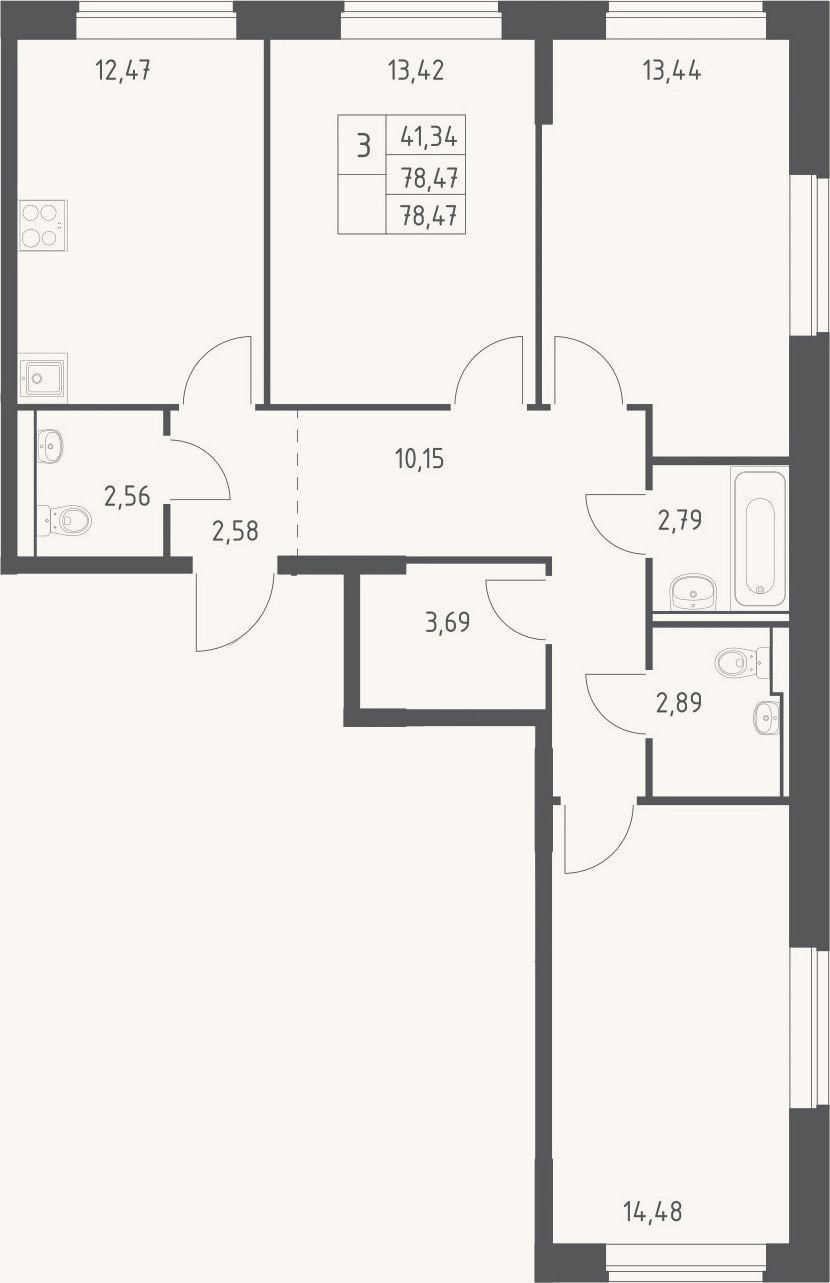Планировка: 3-к, 77,3 м²