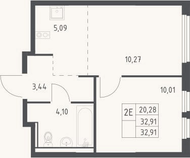 Планировка: 2-к, 32,9 м²