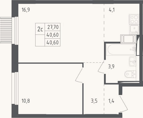 Планировка: 2-к, 40,6 м²