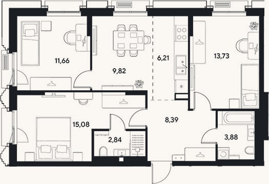 Планировка: 4+ к, 71,6 м²